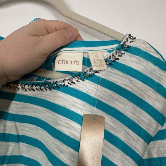 NEW Chicos 4 XXL (20) 3/4 Sleeve Turquoise White Stripe Beaded Boatneck Blouse - Picture 4 of 5